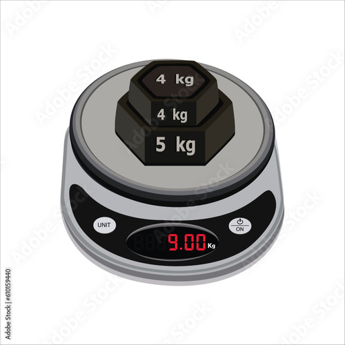 Digital weighing scale. Weight stones on a weighing scale, and isolate on white background. Weight machine vector illustration. Food weight kitchen illustration.