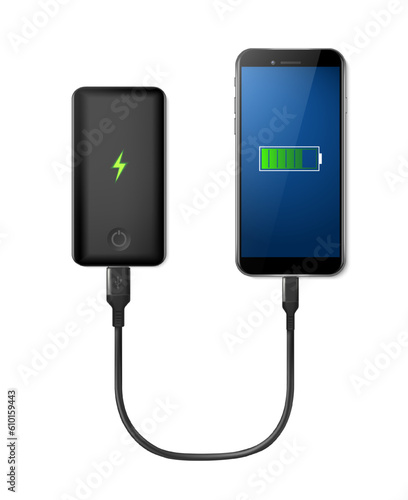 3d realistic vector icon. Black power bank charging smartphone. Isolated on white background.