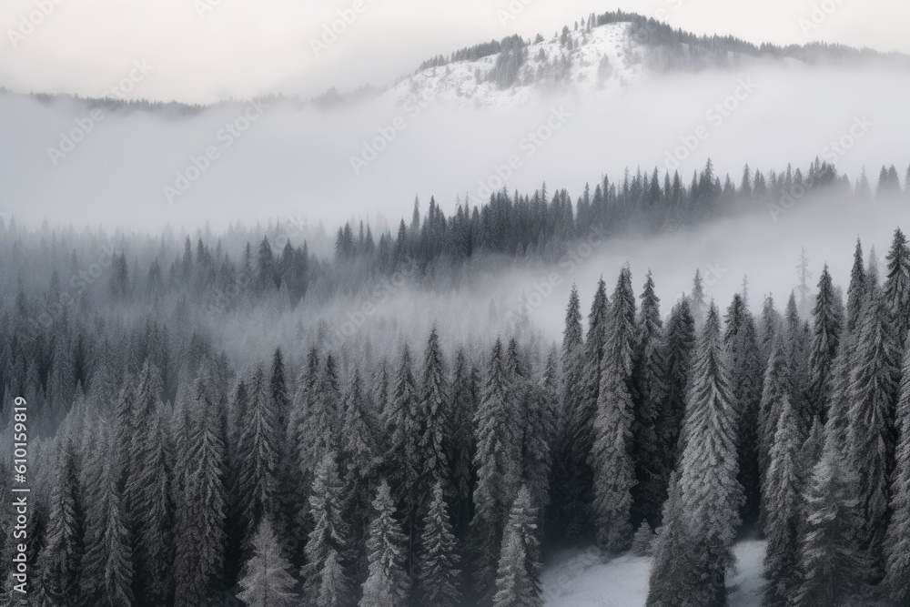 misty mountain shrouded in fog with a forest in the foreground Generative AI