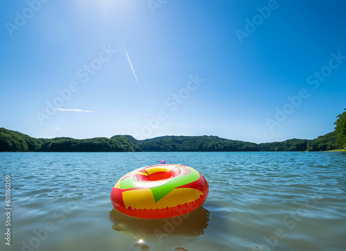 An inflatable swimming ring on top of still lake water surface at sunset