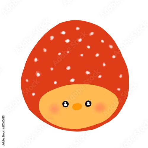 Illustration of a yellow duckling cartoon character wearing a strawberry hat