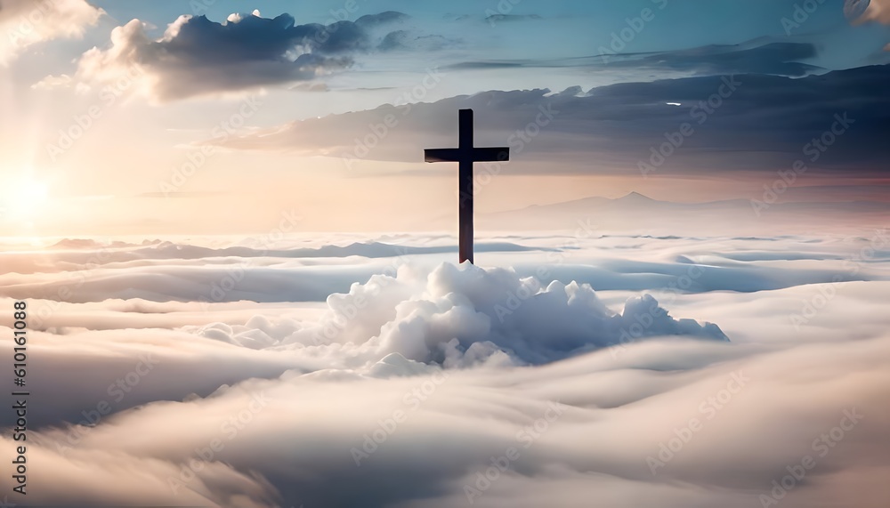 Silhouette of Christian cross appear at the clear cloudy sky atmosphere for peace and spiritual symbol of Christian people. Inspiration, resurrection hope and concept. Generative AI technology. Silhouette of Christian cross appear at the clear cloudy sky atmosphere for peace and spiritual symbol of Christian people. Inspiration, resurrection hope and concept. Generative AI technology.