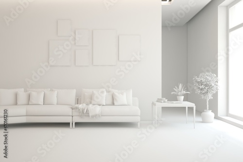 White living room concept with sofa. 3D illustration