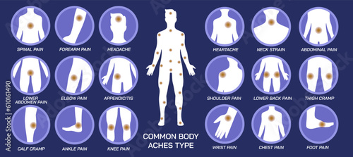 Common body ache type vector illustartion. joint pain, heartache, sore throat, back pain. types of cramps and chronic pain of body. Medical poster and banner infographic.  