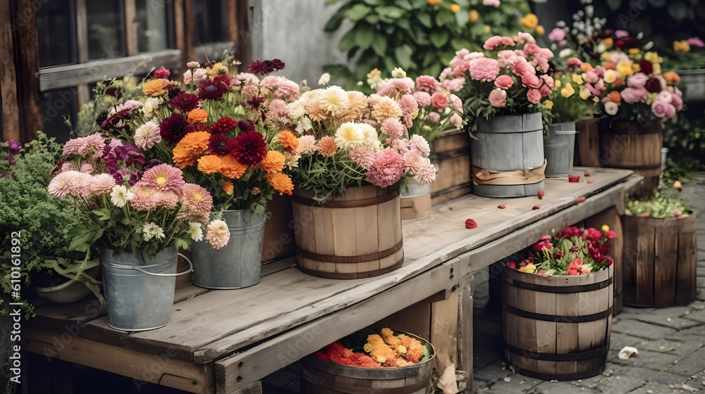 Various beautiful colorful flower bouquet in a wooden bucket at the table after harvest moment. Generative AI technology.