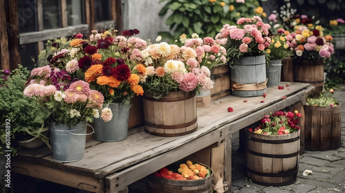 Various beautiful colorful flower bouquet in a wooden bucket at the table after harvest moment. Generative AI technology. © Riocool