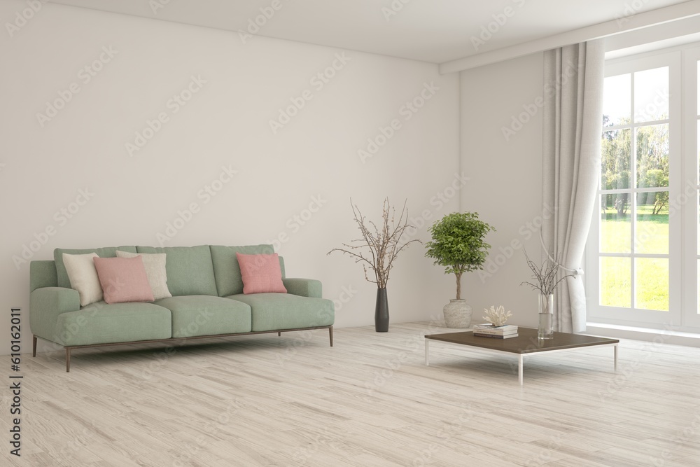Bright interior design with modern furniture and summer landscape in window. 3D illustration Bright interior design with modern furniture and summer landscape in window. 3D illustration