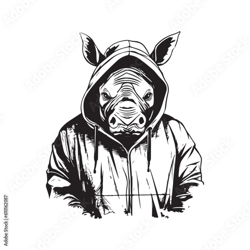 rhino wearing hoodie, vintage logo line art concept black and white color, hand drawn illustration