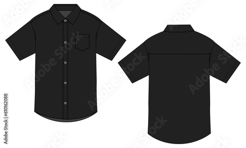 Short sleeve woven fabric shirt technical drawing fashion flat sketch vector illustration black color template front and back isolated on White background.