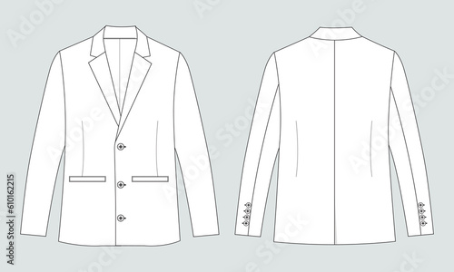 Blazer suit technical drawing fashion flat sketch vector illustration template front and back views