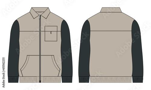 Two tone color Long sleeve jacket with pocket and zipper technical fashion flat sketch vector illustration template front and back views. Fleece jersey sweatshirt jacket for men's and boys. photo