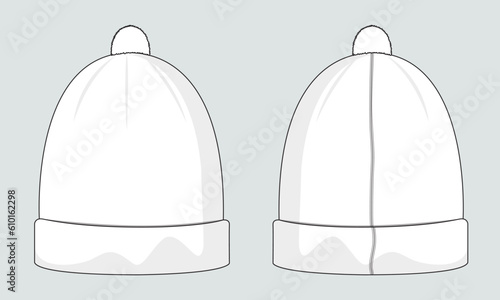 Beanie hat technical drawing fashion flat sketch vector illustration template front and back views