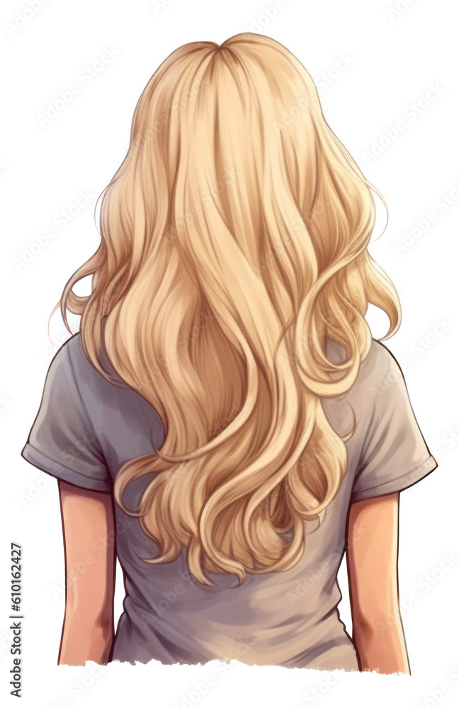 Blonde girl with long hair cartoon. Back view. Generative AI.