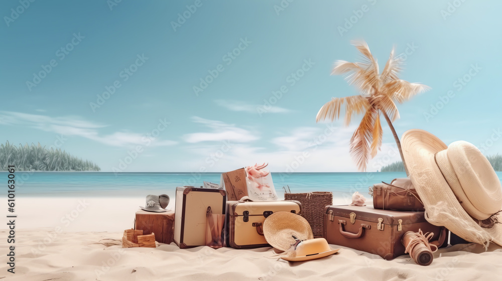 Naklejka premium vacation item and suitcase in hot beach ai generative
