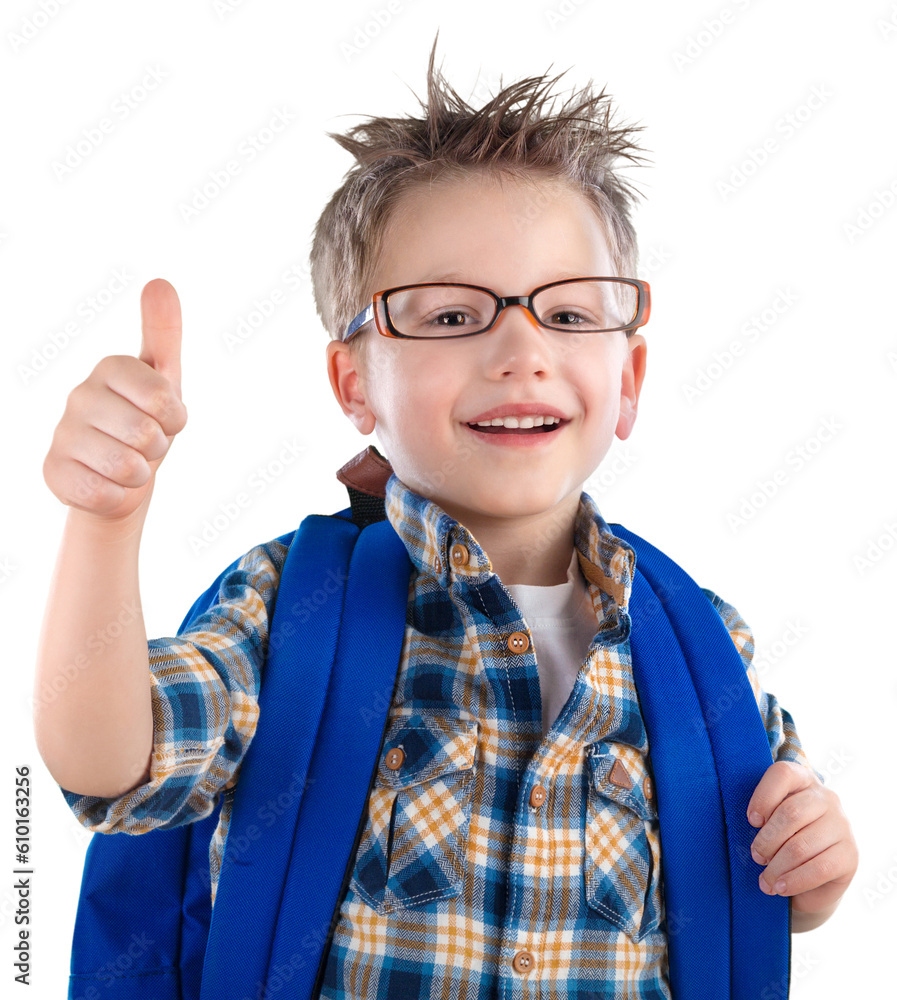 The happy clever boy in glasses with a school bag The happy clever boy in glasses with a school bag