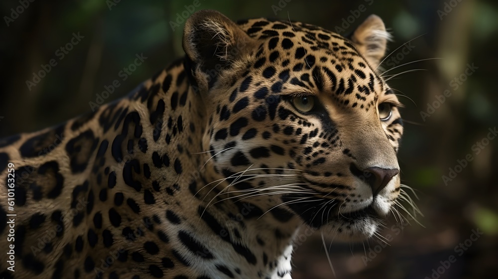 Close up portrait from side face ferocious carnivore leopard, stare or looking straight forward at nature background. Generative AI technology. Close up portrait from side face ferocious carnivore leopard, stare or looking straight forward at nature background. Generative AI technology.