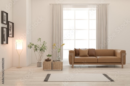 White living room with sofa. Scandinavian interior design. 3D illustration © AntonSh