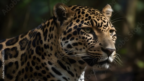 Close up portrait from side face ferocious carnivore leopard  stare or looking straight forward at nature background. Generative AI technology.
