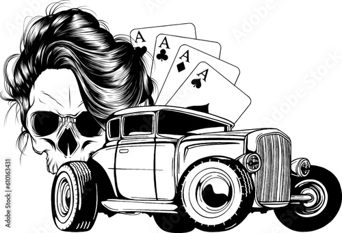 Vector illustration of Monochrome skull with hot rod and poker aces on white background