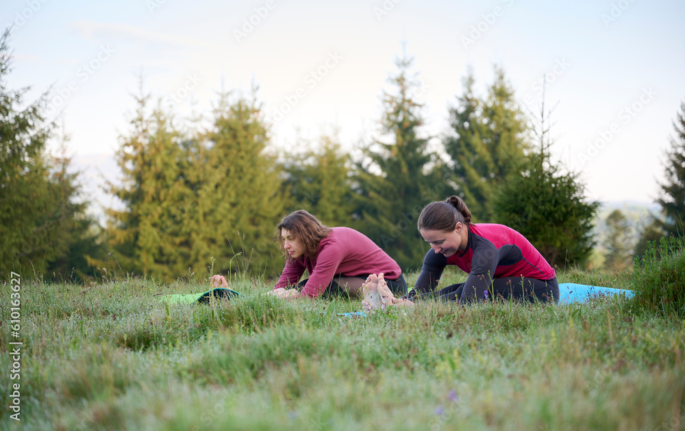 Two athletic young women dressed in sporty attire engage in a range of yoga poses amidst the scenic beauty of mountainous surroundings. The gentle rays of the morning sun cast on their slender bodies