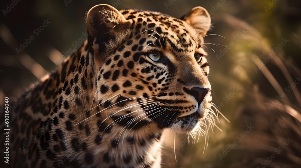 Close up portrait from side face ferocious carnivore leopard, stare or looking straight forward at nature background. Generative AI technology. Close up portrait from side face ferocious carnivore leopard, stare or looking straight forward at nature background. Generative AI technology.