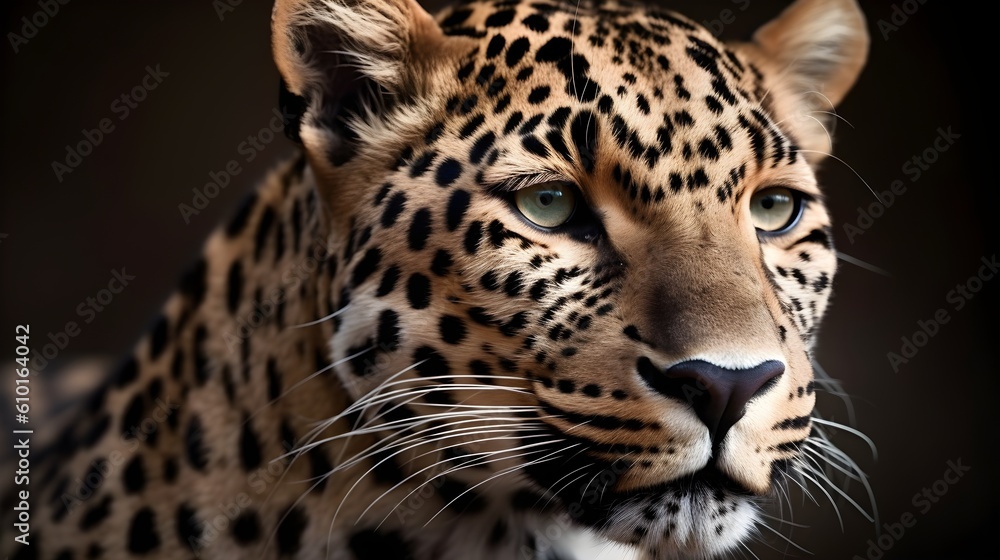 Close up portrait ferocious carnivore leopard, stare or looking at straight forward at dark background. Generative AI technology. Close up portrait ferocious carnivore leopard, stare or looking at straight forward at dark background. Generative AI technology.