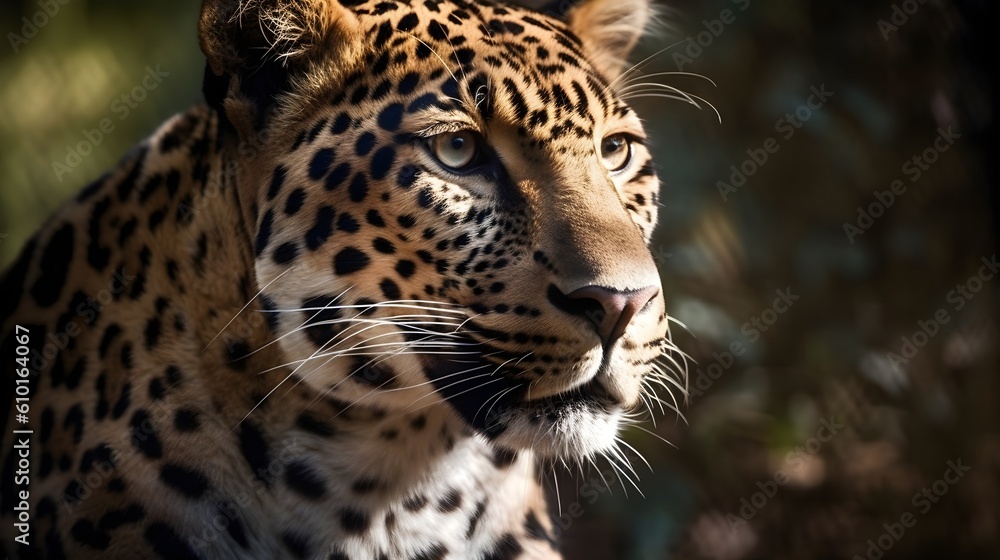 Fototapeta premium Close up portrait from side face ferocious carnivore leopard, stare or looking straight forward at nature background. Generative AI technology.