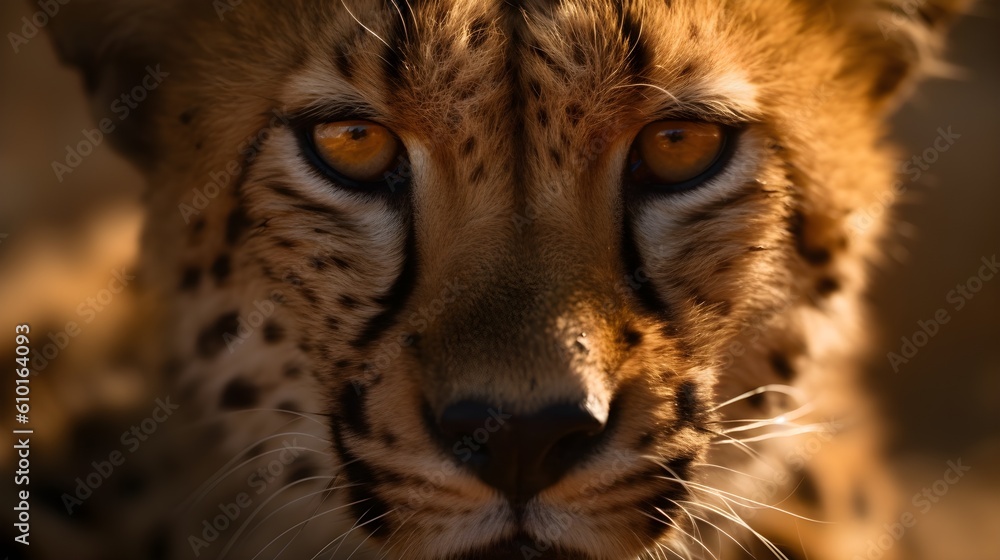 Close up portrait ferocious carnivore leopard, stare or looking at the camera at nature background. Generative AI technology.