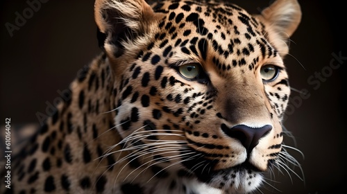 Close up portrait ferocious carnivore leopard, stare or looking at straight forward at dark background. Generative AI technology.