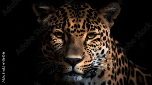 Close up portrait ferocious carnivore leopard, stare or looking at the camera at dark background. Generative AI technology. © Riocool