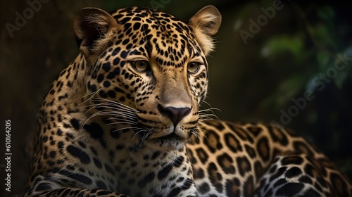 Close up portrait from side face ferocious carnivore leopard, stare or looking straight forward at nature background. Generative AI technology. © Riocool