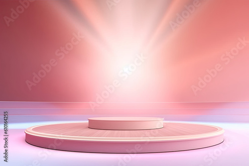 Round podium  empty stage illuminated by spotlights pastel background  Generative AI