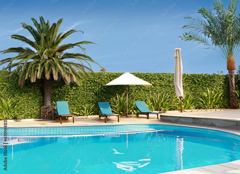 Beautiful luxury outdoor swimming pool around coconut palm tree