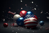 Memorial day, Independence day, 4th of July, labor day concept. Festive background in USA flag colors, balloons, confetti and copy space. Generative AI