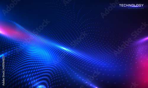 Abstract wave with moving particles on dark background. Futuristic technology wave. Digital cyberspace, hi-tech and big data. Future mesh or sound grid. Pattern point visualization. Technology vector.