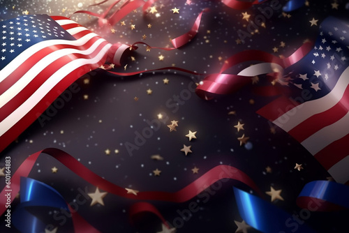 Memorial day, Independence day, 4th of July, labor day concept. Festive background in USA flag colors, balloons, confetti and copy space. Generative AI