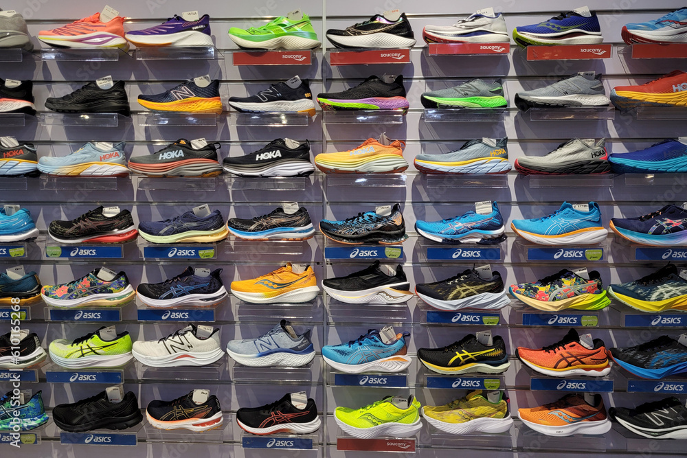 PENANG, MALAYSIA 27 MAY 2023 Various trendy sport shoe brands are