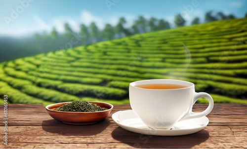 cup of tea, Tea cup with on the wooden table, the tea plantation, Ai Generate 