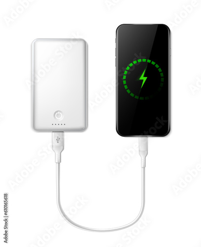 3d realistic vector icon. White power bank charging smartphone with charging green indicator. 
