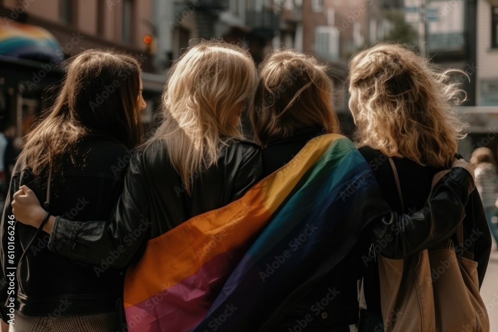 Group of lesbians holding lgbtq flag. Generative ai Group of lesbians holding lgbtq flag. Generative ai