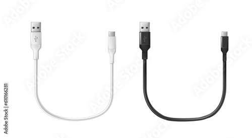 3d realistic vector icon. Black and white charging usb cabel. Isolated on white. photo