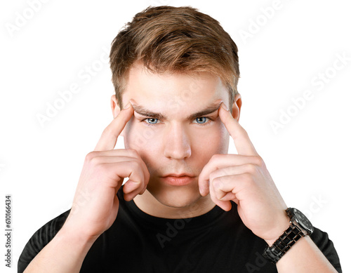 Man hands on his head a problem with the inner ear, brain photo