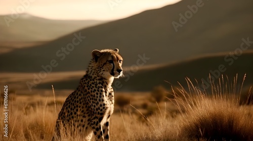 Ferocious carnivore leopard sit and stare straight forward at something at the savannah desert background. Generative AI technology.
