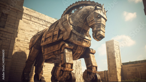 Illustration of the Trojan Horse outside the gates of Troy.  Generative AI.  photo