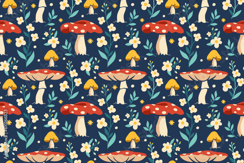 Cottagecore seamless wallpaper with colorful mushrooms, herbs and flowers. Retro forest concept with agaric, amanita, daisy. Tile illustration for fabric, paper.Vintage style background