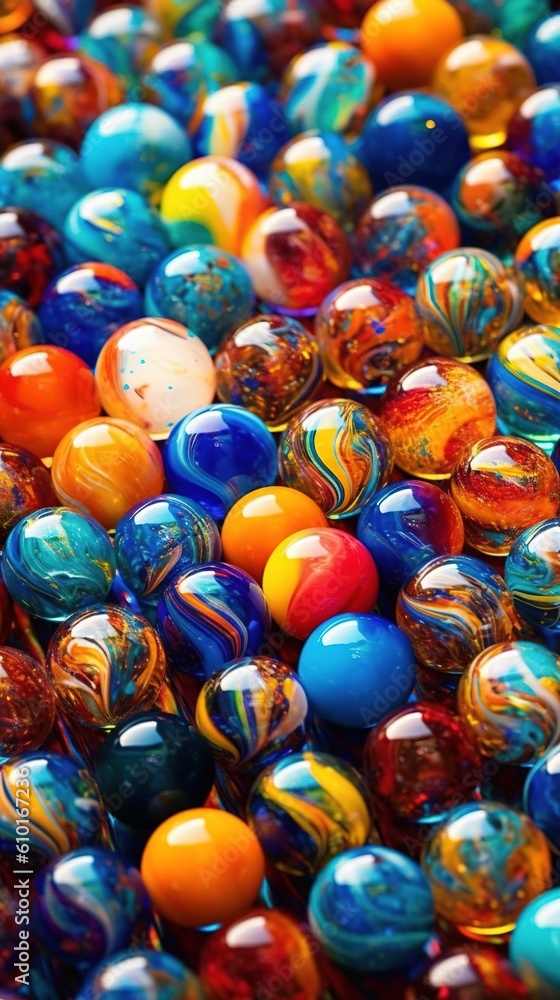 Shiny colorful glass marbles in a Mesmerizing pattern. Generative AI.