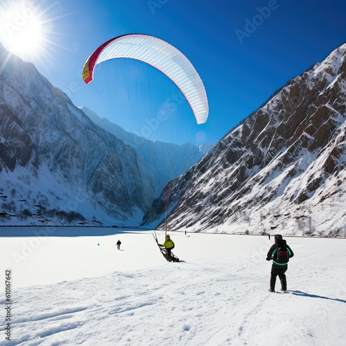 Landscape with mountains with snow, a paraglider flies in the air. Generative AI.