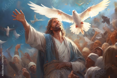 Jesus is surrounded by people and doves. Generative AI.