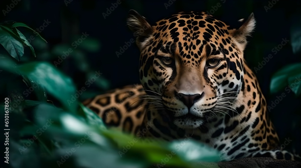 Ferocious carnivore leopard sit and relaxed and stare at something with nature background. Generative AI technology. Ferocious carnivore leopard sit and relaxed and stare at something with nature background. Generative AI technology.