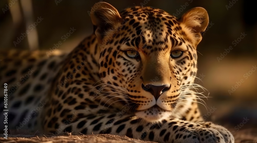 Fototapeta premium Ferocious carnivore leopard sit and relaxed and stare at something with nature background. Generative AI technology.
